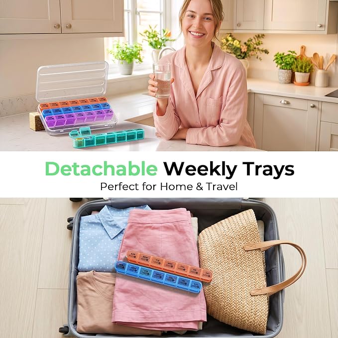 Daviky Monthly Pill Organizer 28 Day, 4 Week Pill Box with Removable Weekly Trays, Large BPA-Free Pill Organizer for Vitamins, Supplements and Medication, Travel Pill Case with Storage Box, White