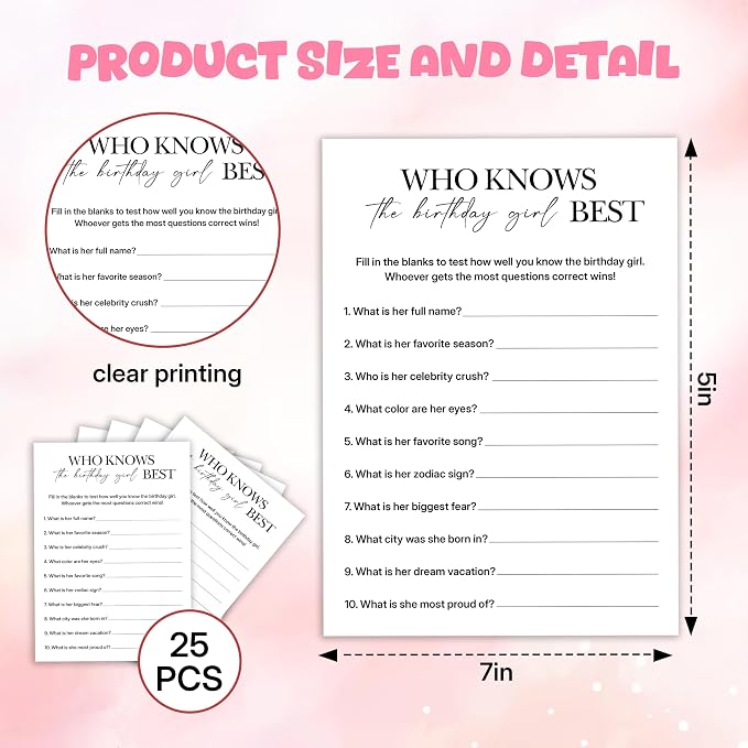 Birthday Party Games, Who Knows Her Best, 25 Pcs Card Set for Guests, Fun Birthday Game for Teen Adults – A05