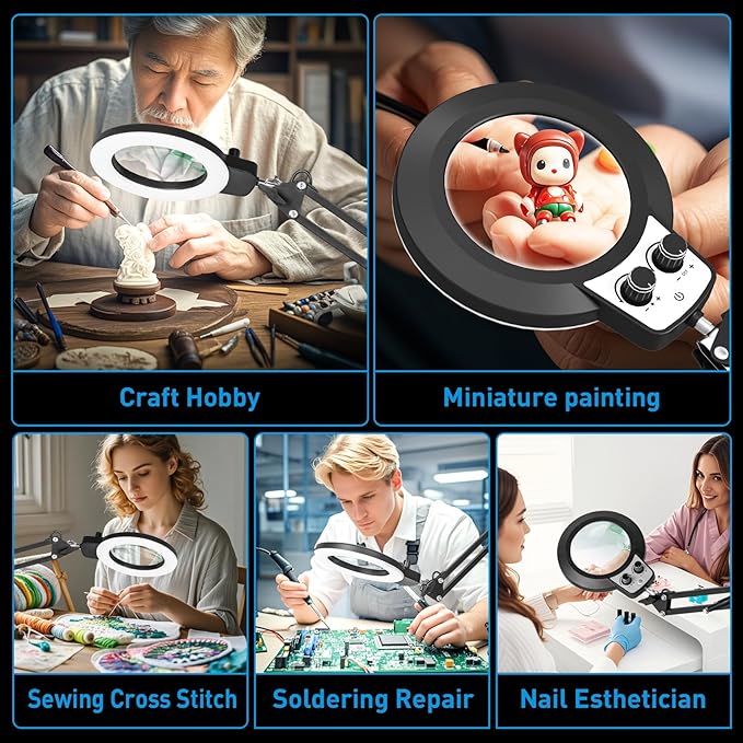 KIRKAS 12X Magnifying Glass with Light and Stand, 2-in-1 Any Color Modes & Stepless Brightness Magnifying Desk Lamp with Clamp, LED Magnifier with Light for Crafts Jewelry Painting Sewing Close Work