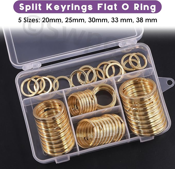 Swpeet 60 Pcs Gold Assorted Multi-Purpose Metal Keychain Rings Split Keyrings Flat O Ring for Home Car Keys Attachments Keys Pendants - 20mm, 25mm, 30mm, 35 mm, 38 mm