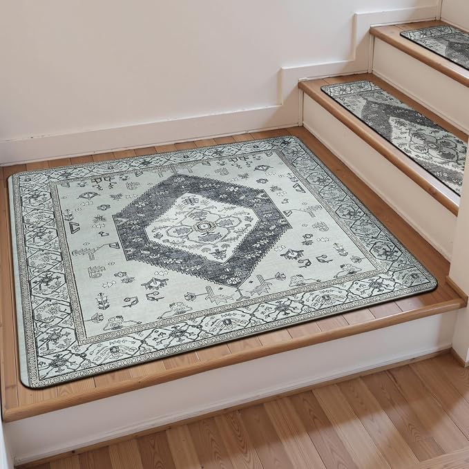 OJIA Stair Treads for Wooden Steps Non-Slip Landing Mat Stair Rug 31"X31" | Rubber Backing Stair Runner Matching Mat Safety Rugs for Family, Absorbent Washable Gray Carpet for Stairs