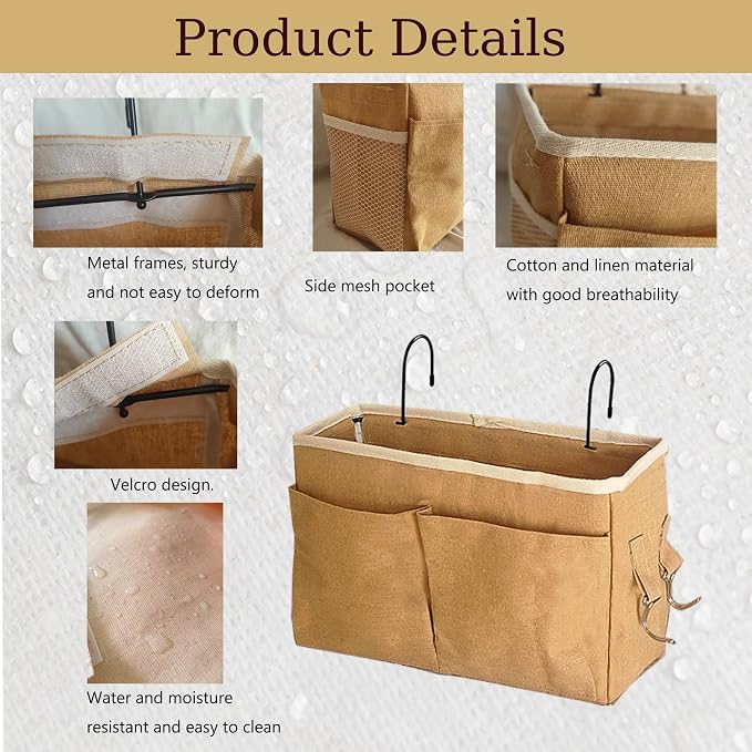 Bedside Caddy Bedside Hanging Storage Basket Multi-Function Organizer Caddy for Bunk and Hospital Beds Dorm Rooms Bed Rails, Can be Placed Glasses Books Mobile Phones（Dark khaki）