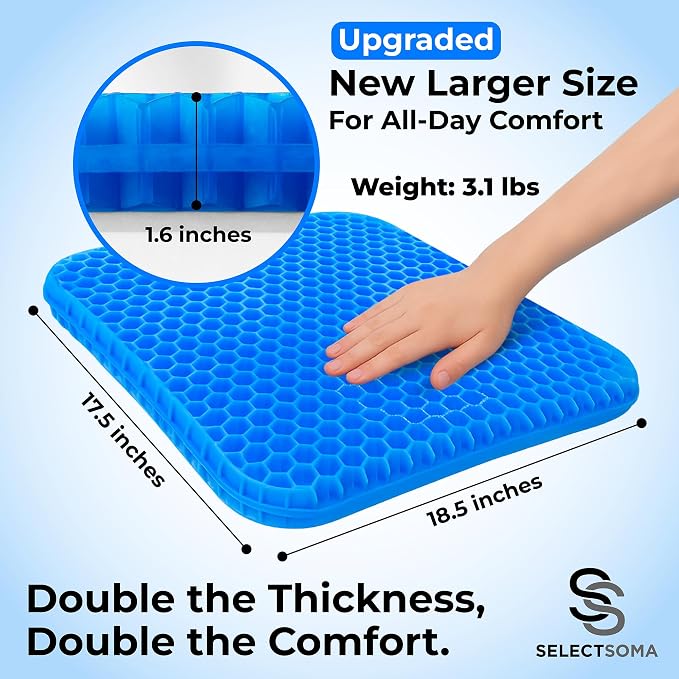 SelectSoma Gel Seat Cushion for Long Sitting, Pressure Relief for Sciatica, Tailbone, Coccyx & Back Pain, Office Chair, Wheelchair, Car & Truck – Large Size Blue Gel