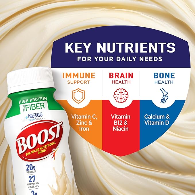 BOOST High Protein with Fiber Ready to Drink Complete Nutritional Drink, Very Vanilla, 8 fl oz Bottle, 24 Pack