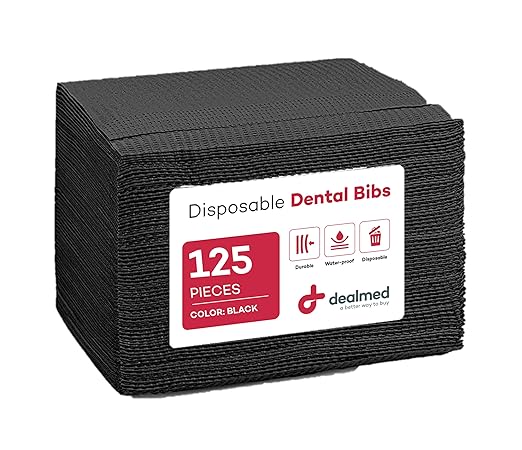 Dealmed Disposable 13.5" x 18" Dental Bibs, 2-Ply Tissue/Poly, Bulk Tattoo Bibs, Great for First Aid Kits and Medical Facilities (Black, Pack of 125)
