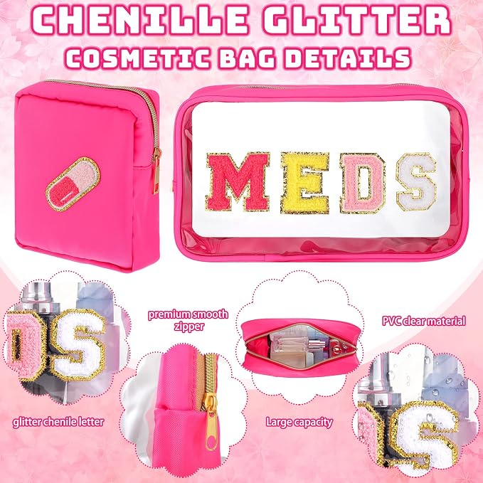 Hillban 2 Pcs Medicine Bag Chenille Letter Patch Meds Bags Travel Cases Preppy Clear Nylon Portable Makeup Bags Zipper Cosmetic Toiletry Storage for Women PVC Transparent Mini First Aid Bag(Lovely)