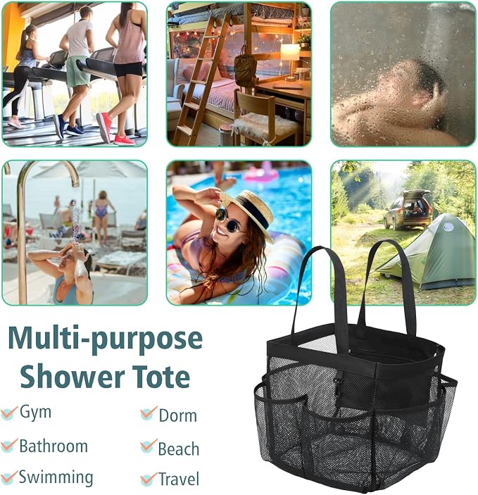 Mesh Shower Caddy Portable - 2 Packs, Extra Large Shower Bag for Dorm | 2 Pack, S-Hook, Quick-Dry, Hanging Toiletry Organizer, College Dorm Room Essentials for Girls, Gym, Travel & Bathroom, Black