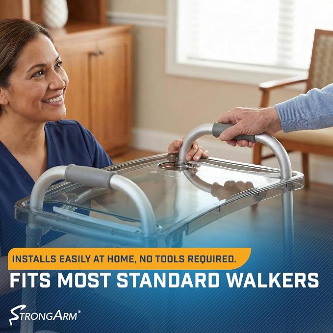 StrongArm Clear View Walker Tray + Bag + Non-Slip Mat & Cup Holder, Tray for Folding Walkers, Food Tray, Walker Accessories, Tray Table for Standard Adult Walkers (Blue)