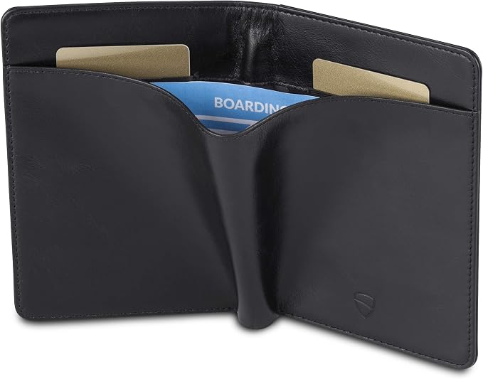 Vaultskin KENSINGTON Passport Holder for Travel, RFID Wallet (Black) | Slim genuine leather book cover, small case for men and women, inner sleeve, cards, cash, scan blocking protection, gift box