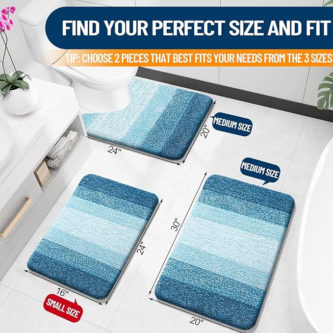 OLANLY Bathroom Rug Set 2 Piece, Soft Absorbent Microfiber Bath Rug Set, Non-Slip, Machine Wash Dry, Plush Shaggy Bath Mats for Bathroom (30"x20"+24"x16", Peacock Blue)