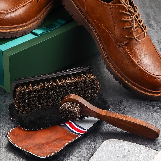 4 Pcs Horsehair Shine Shoes Brush Kit Polish Dauber Applicators Cleaning Leather Shoes Boots Care Brushes Suede Cleaner Brush with Microfiber Shoe Gloves(4 Pcs Style D)