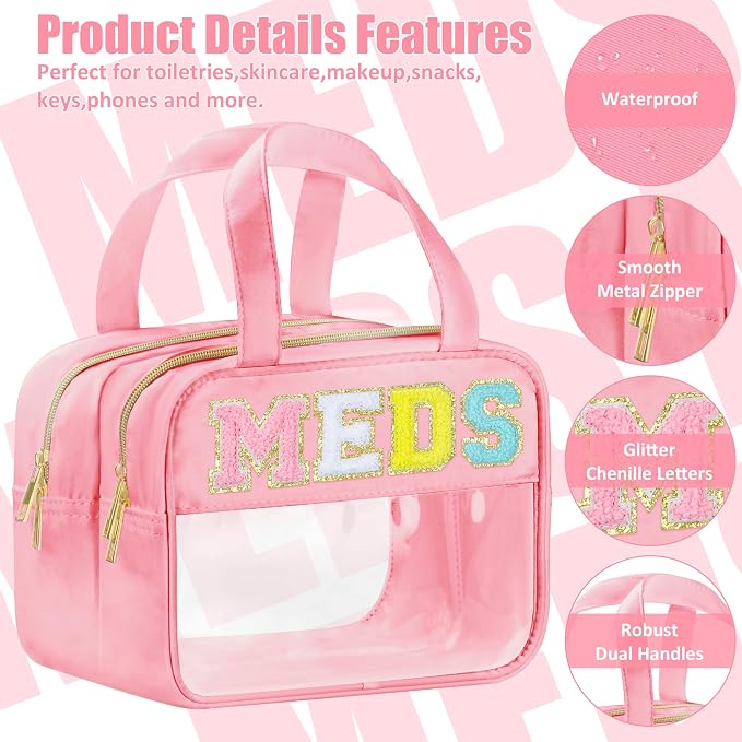 BuyCard Chenille Letter Clear Medicine Makeup Bag for Travel, Preppy Patch Nylon Cosmetic Meds Pouch with Handles and Zipper, Waterproof Large Travel Toiletry Bag Storage Case for Women Pink
