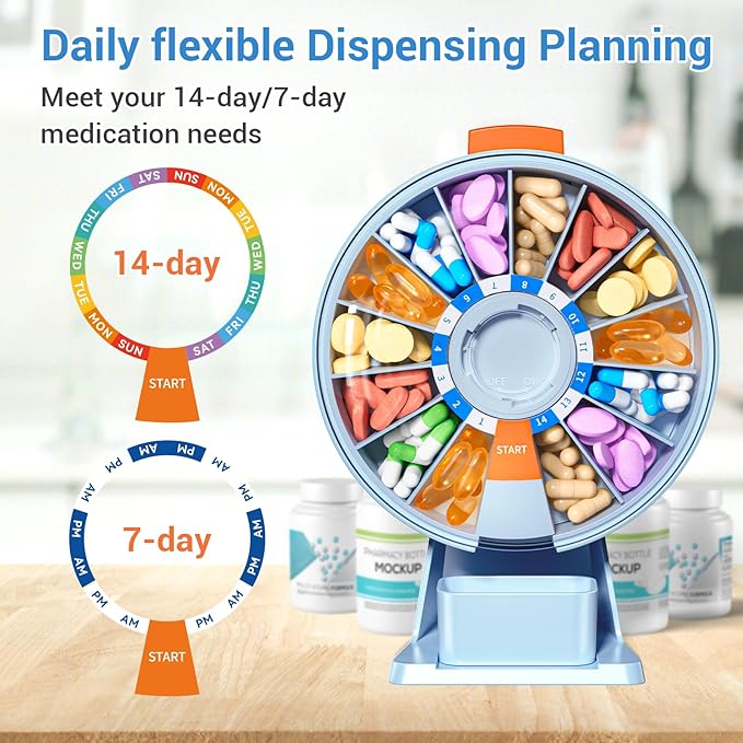 Zoksi Large Pill Organizer, Daily Pill Box for 7 or 14 Days, Wall-Mountable Pill Dispenser Hold for Medicine, Vitamin or Supplements, Weekly Pill Case with Easy Press Button (Blue)