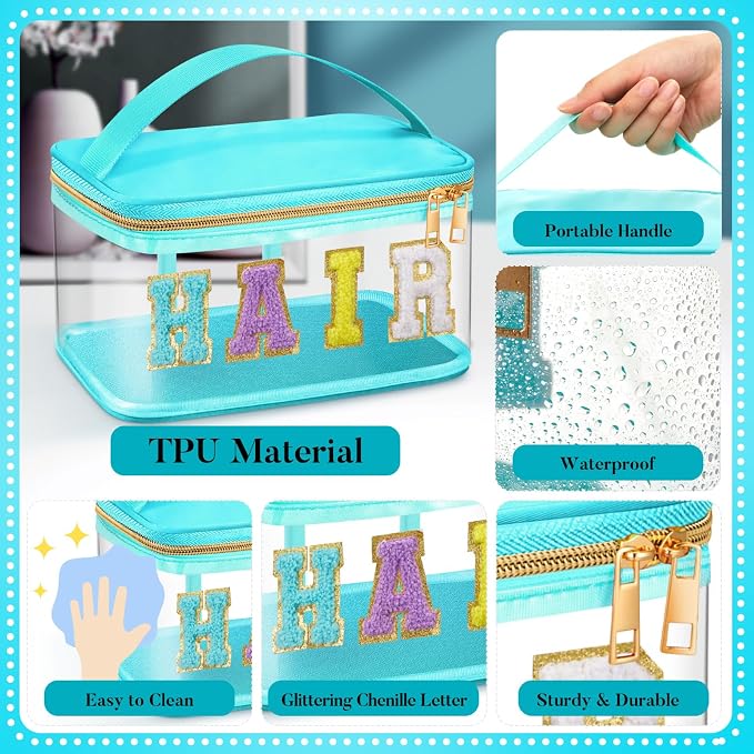 Geetery Chenille Clear Makeup Bag, Green Hair Bag Cosmetic Case Nylon Makeup Portable Preppy Patch with Handle Zipper Toiletry Storage Case Waterproof Pink Hair Patch for Women