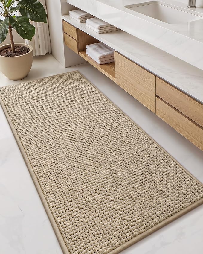 Color&Geometry Chenille Pile Long Bathroom Runner Rugs Upgraded Denser, 24"x47" Non Slip Absorbent Khaki Bath Mats for Bathroom Thin Fit Under Door, Washable Quick Dry