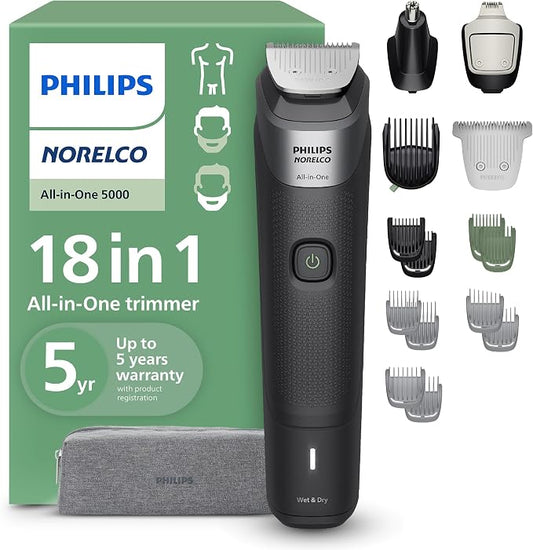 Philips Norelco All-in-One 18-Piece Trimmer 5000 Series - Shaver and Clipper for Face, Hair & Body, Self-sharpening Titanium Coated Blades, 16 Length Settings (0.5-16 mm), Wide Hair Clipper, MG5970/49