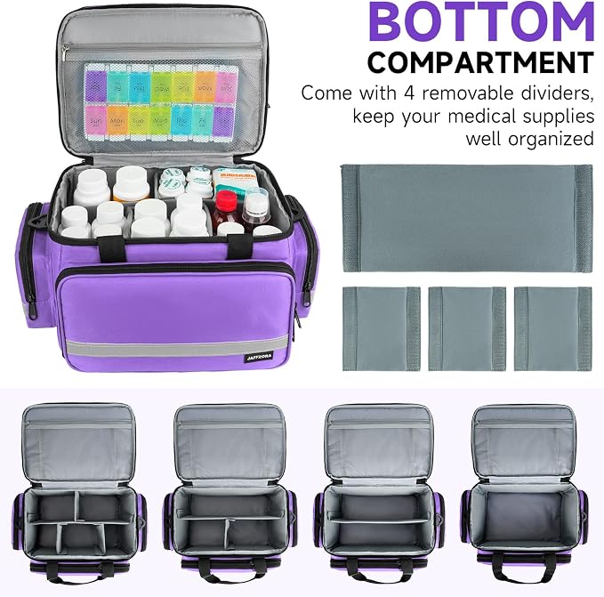 Large Pill Bottle Organizer, Double Layers Medicine Storage Bag with Lockable Zippers and Shoulder Strap,Medication Travel Bag for Prescription Bottles, Vitamins & Medical Supplies, Purple (Bag Only)
