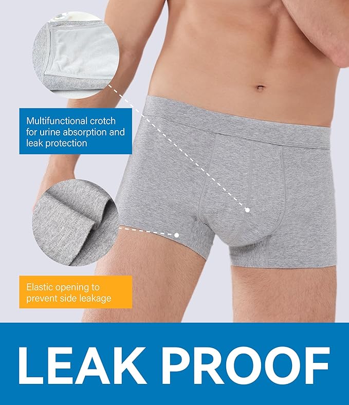 Mens Incontinence Underwear Washable Leak and Odor Protection 60ml Absorbency Covered Waistband Boxer Briefs 3 Pack (3 Gray, XL)