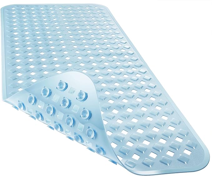Yimobra Bathtub Mat Non Slip, Super Strong Suction Cups, 27.5"x15.5" Long Shower Mat with Drain Holes, Machine Washable Fast Draining Bath Mats, Bathroom Essentials,Light Blue