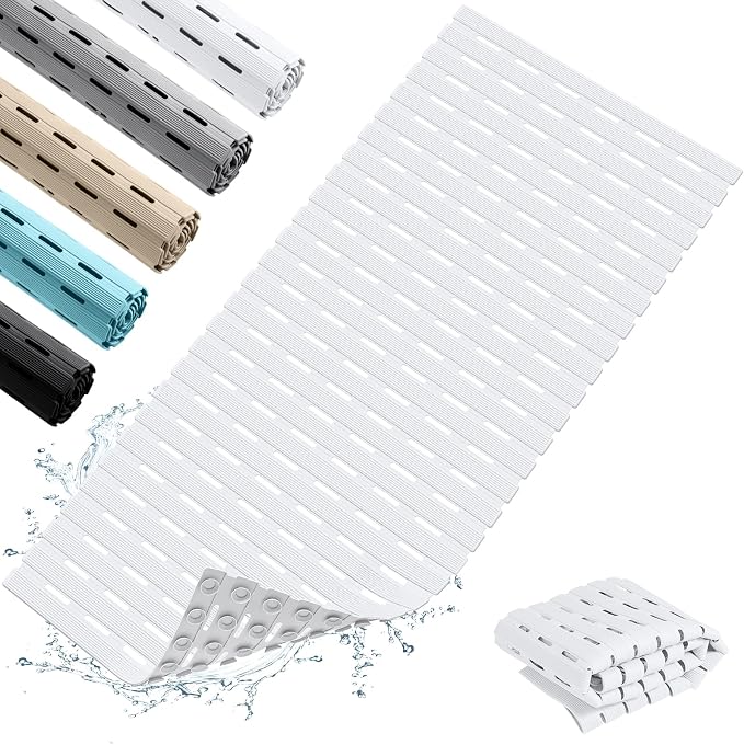 OTHWAY Non Slip Shower Mats, 36.6" x 16.9" Shower Mats for Inside Shower, Soft TPE Bath Mat for Tub Non Slip, Anti Slip Shower Floor Mat with Suction Cups, Machine Washable Shower Stall Mat, White