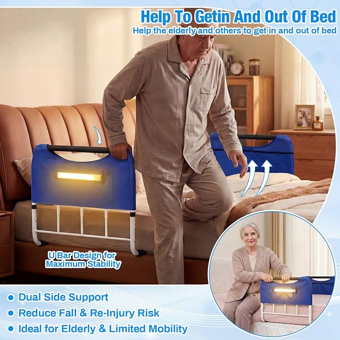 Double Bed Rail for Elderly Adults Safety, ASTM Compliant, Adjustable Bed Rail,U Bar with Sensor Light & Storage Pocket for Medical Bedside Safety Assisting Rails Fits Twin Full Queen Beds
