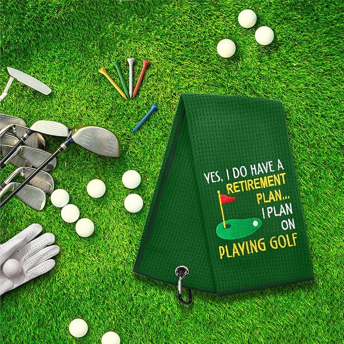 ERHACHAIJIA Yes I'd Have A Retirement Plan Embroidered Golf Towel for Men | Funny Golf Accessories Gifts for Men Women Golfer Grandma Grandpa Mom Dad, Father's Day Retirement Gifts, With Carabiner Clip