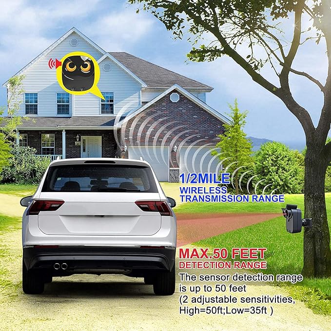 Driveway Alarm- 1/2 Mile Long Range Motion Sensor- 1 Receiver+3 Sensors | Wireless Outdoor Weather Resistant Motion Sensor&Detector-DIY Security Alert-Monitor&Protect Outdoor/Indoor Property