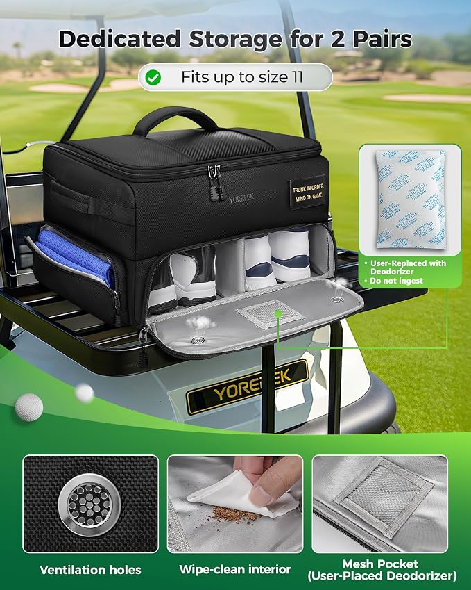 YOREPEK Upgraded Golf Trunk Organizer with Removable Insulated Pouch | Golf Gifts for Men, Golf Organizer with Dust-Proof Protective Layer, Multi-Compartment fit 2 Pairs of Shoes, Golfing Stuff