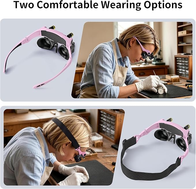 JARLINK Magnifying Glasses with LED Light, Hands Free Magnifier with 14 Interchangeable Lenses 3X 4X 5X 6X 7X 10X 15X, Magnifying Glasses for Close Work, Crafts, Jewelry, Electronics Repair (Pink)