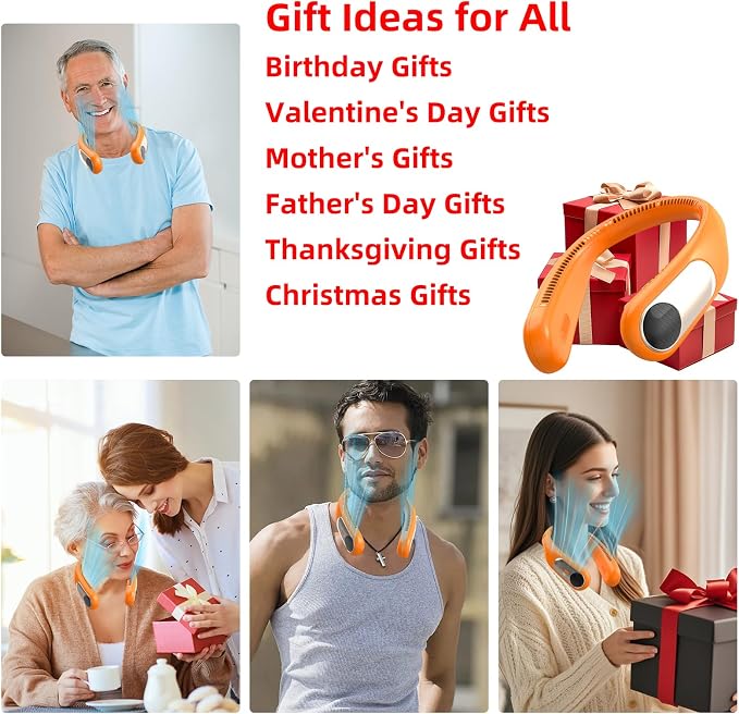 Portable Neck Fan, Personal Wearable Bladeless Fan for Outdoor Indoor, LED Display, 360° Cooling, 4-Speeds, 6000mAh USB Rechargeable, Birthday Gifts for Men Women Dad Mom (Orange)