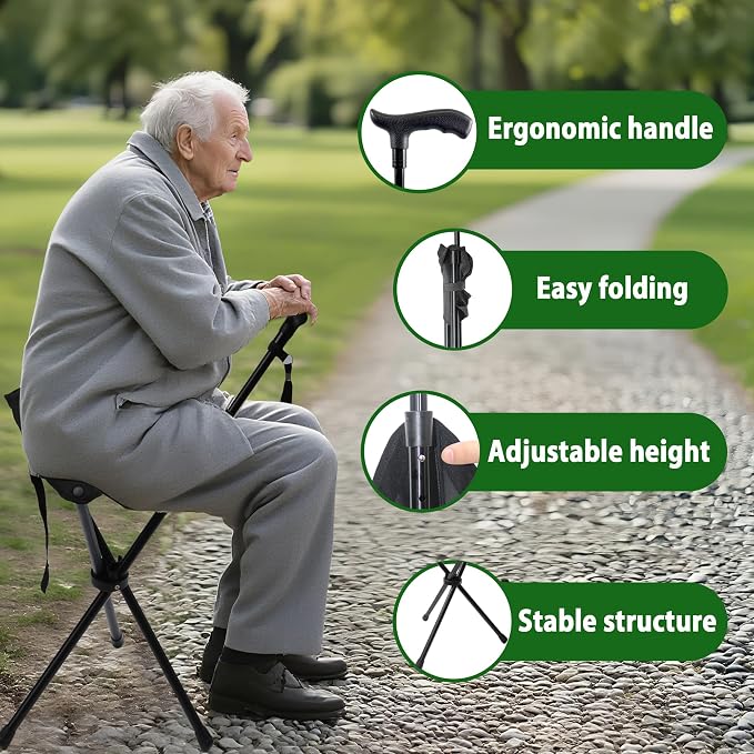 FATTCHIAR Cane with Seat Folding Lightweight, Adjustable Height 34.2"-39.7" Walking Stick with Seats, Cane Chair Capacity 220lbs, Portable Stool for Adults Seniors-Black