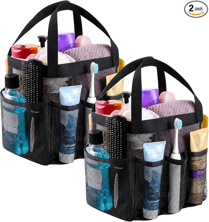 Lifewit Mesh Shower Caddy 2 Packs, Freestanding Portable Shower Tote Bag for Dorm, Bathroom, Gym, Travel, Quick Dry Hanging Organizer with 7 Storage Pockets for Toiletry Essentials, Black
