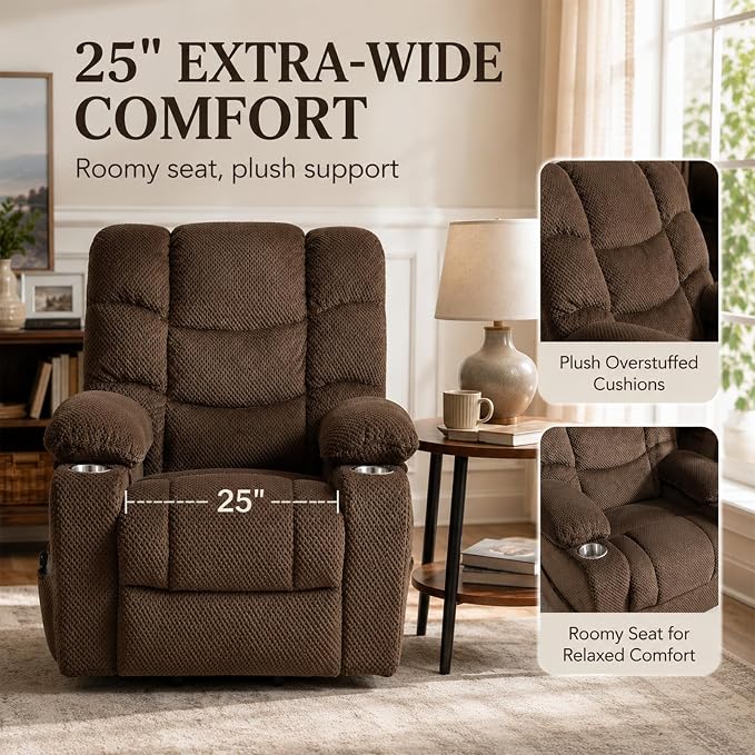 Ultra Wide Power Lift Recliner Chair for Elderly,Rotating Lounge Chair with Hot Massage Heating and Auxiliary Standing Function,Oversized Lazyboy Single Sofa with Cup Holder for Living Room (Brown)