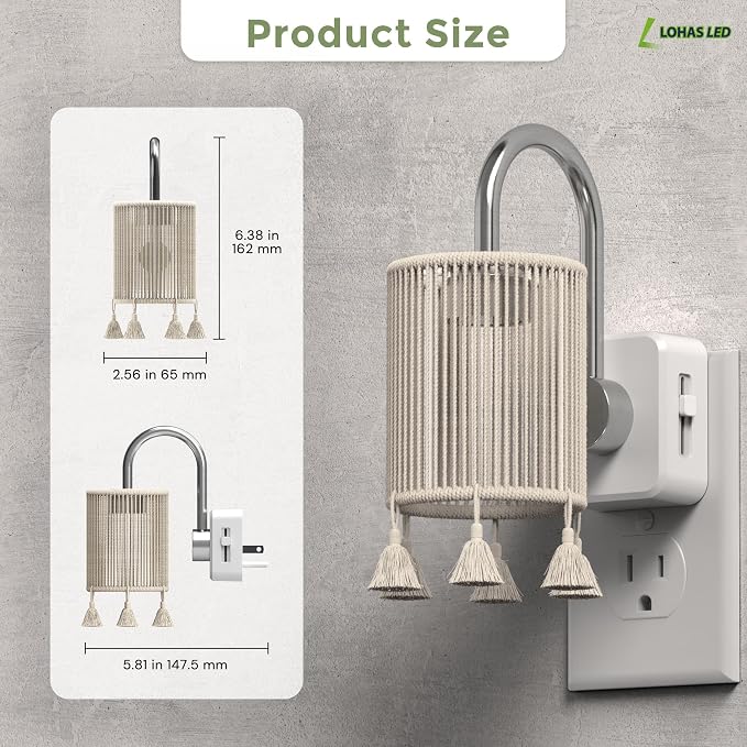 L LOHAS LED Night Lights Plug into Wall, Boho Fabric Cylinder Night Light | Decor Nightlight with Tassel,Dusk to Dawn Sensor,0-100LM Dimmable Vintage Night Lights for Bedroom,Living Room,Hallway