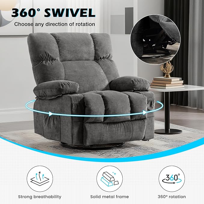 MAHOMICO Oversized Recliner Chair with Massage and Heat, 360° Swivel Rocker | Fabric swivel rocker recliner with ergonomic support, USB charging, cup holders and side pocket for living room