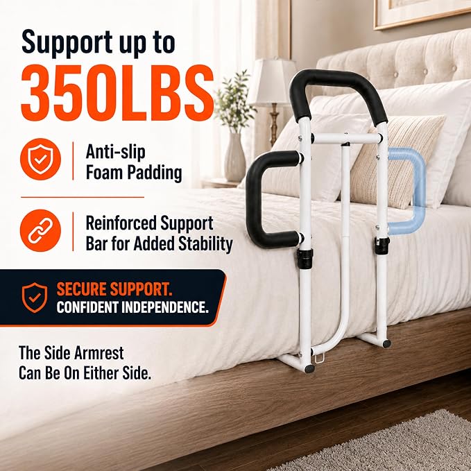 Bed Rails for Elderly, Bed Cane for Seniors, Latest ASTM Certified | 350lbs Support, Bed Cane with Side Handle, Storage Pouch, Non-Slip Padding, ASTM Approved