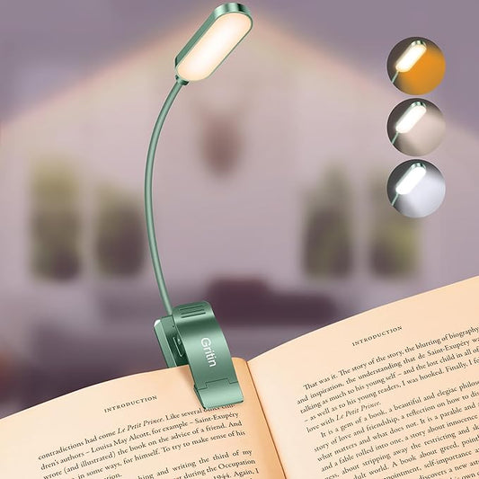 Gritin 16 LED Rechargeable Book Light for Reading in Bed | Eye Caring 3 Color Temperatures, Stepless Dimming Brightness, 80 Hrs Runtime, Lightweight Flexible Clip on Light-Green