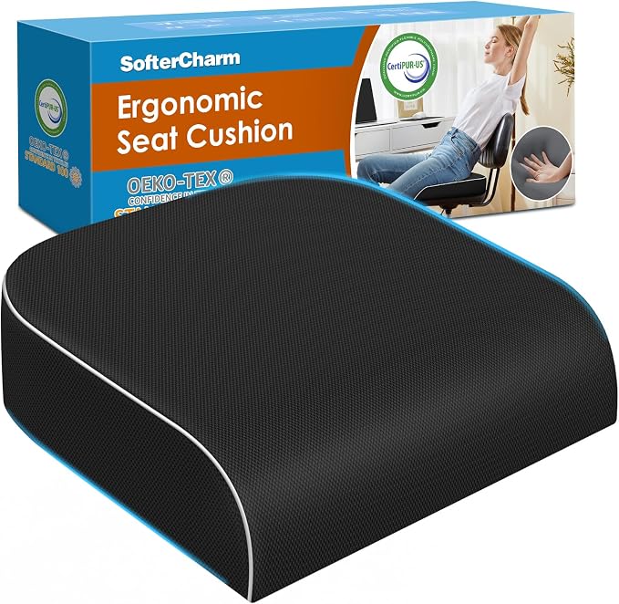 Seat Cushion, Memory Foam Office Chair Cushion, Black, X-Large | Office Desk Accessories, Butt Pillow for Long Sitting Sciatica, Coccyx, Tailbone, Hip Pain Relief - for Home, Car, Airplane