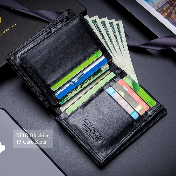 BULLCAPTAIN Large Capacity Genuine Leather Wallet for Men QB-027 | Bifold Wallet,RFID Blocking,Credit Card Holder,15 Card Slots,Special Expandable Design,gift choice