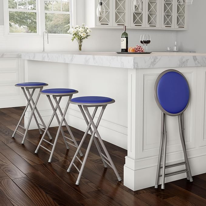 Lavish Home Folding Stool with Padded Backless Seat Set of 4, Blue, 24” | Counter Height Bar Stools with 225lb Capacity, Portable Indoor & Outdoor, Extra Seat for Kitchen, Rec Room or Camping