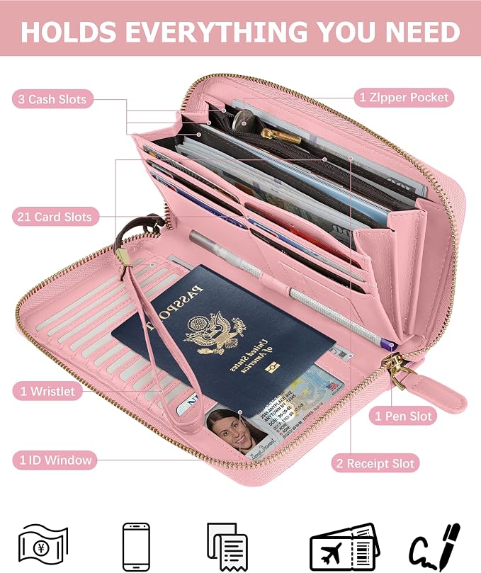 Large Travel Wallet for Women | RFID Blocking Zipper Wallet,Passport Holder Clutch with Wristlet