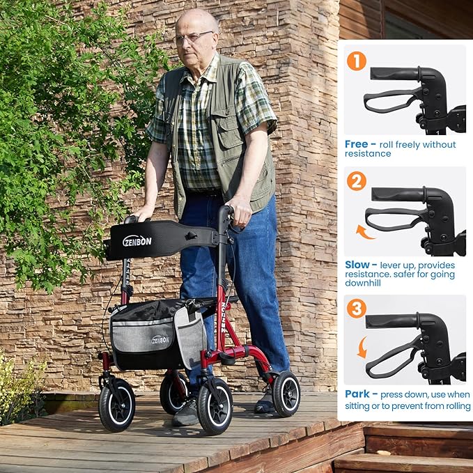Rollator Walker for Seniors/Adults Foldable Rolling Walker with Seat 330 lbs Capacity 10 inch Wheels Hand Grips Adjustable Height Lightweight Durable Aluminum Walker Removable Back Support 7210(Red)