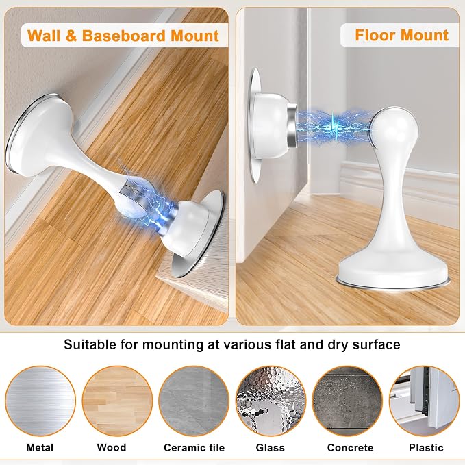 Crosize Magnetic Door Stoppers 4 Pack, Stainless Steel Door Stops for Wall and Floor Mounting, Door Holder Keep Door Open, No Drilling Door Stop with Adhesive Tapes, White