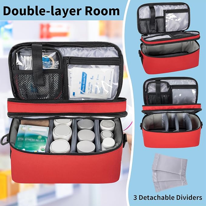 Medicine Organizer Bag with 100 Small Pill Bags and Portable Pouch | 2 Layer Lockable Medicine Travel Bag with Adjustable Divider, Suitable for Pills, Vitamins, Fish Oil,Medical Supplies