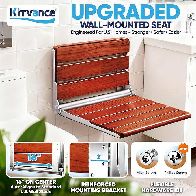 [Upgraded Version] 20" ADA Compliant Folding Teak Shower Seat Wall Mounted - Larger Teak Shower Bench, Home Care Folding Shower Seat for Inside Shower, Wall Mount Shower Chair Shower Stool, Max 400lb