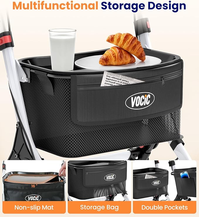 VOCIC Z32 Narrow Walkers for Small Spaces, 8" Quiet Anti-Slip Tires, Tray | Foldable & Lightweight Indoor Rollator Navigates Small Spaces, Easily Passes Tight Doors, Tray & Pouch for Home, WT