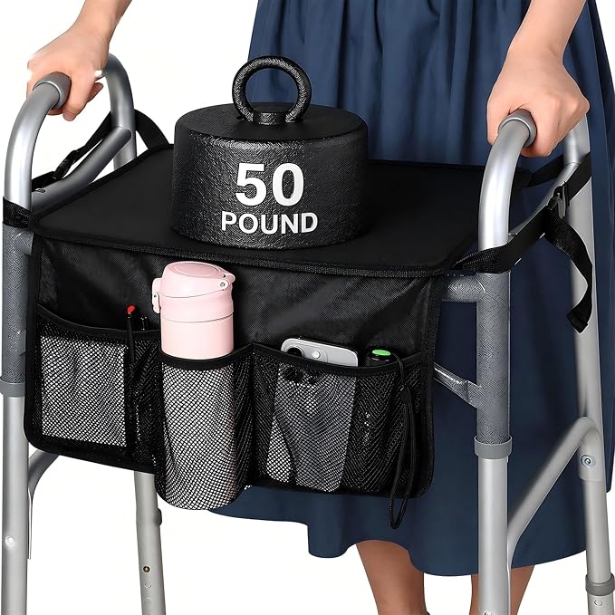 Walker Tray for Folding Walkers, 50 lb Capacity, Cup Holder | 50 lb capacity tray for folding walkers with cup holder and front pockets for meals, drinks, phone, tissues and medications