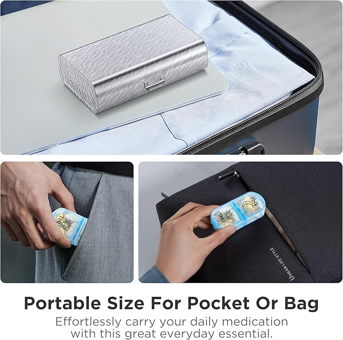 Zannaki Metal XL Weekly Pill Organizer 2 Times a Day, Large Travel Daily Pill Box 7 Day, Portable Week Twice Pill Holder Container, AM PM Pill Case for Medicine Vitamin Medication Supplement, Silver