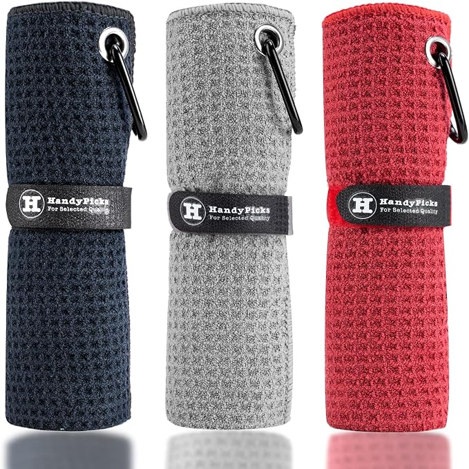 Handy Picks Microfiber Golf Towel (16" X 16") with Carabiner Clip, Waffle Pattern Golf Towel Hook and Loop Fastener - The Convenient Golf Cleaning Towel
