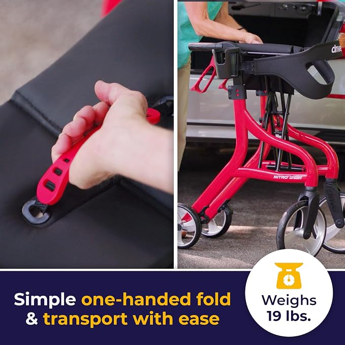 Drive Medical Nitro Sprint Rollator Walker with Seat, Standard Size, Red | Lightweight Rollator with Large Wheels Offers Compact Folding Design for Standard Size Everyday Comfort